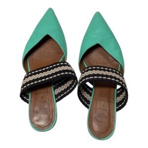 Malone Souliers Green Leather Maisie Pointed Toe Mules with Striped Trim
